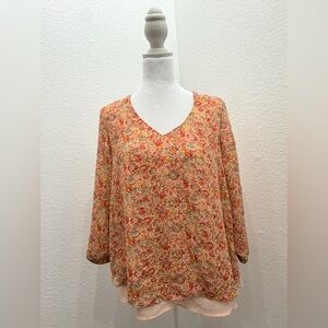 LC Lauren Conrad Peach Floral V-Neck Tunic